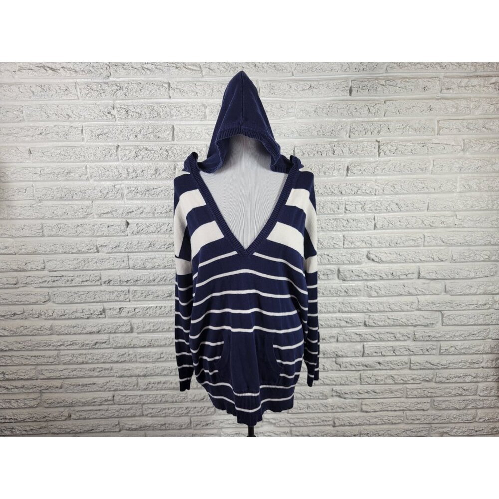 Fashion Bug Womens Sweater XL Blue Striped Tunic Hoodie Cotton VNeck SWE174E
